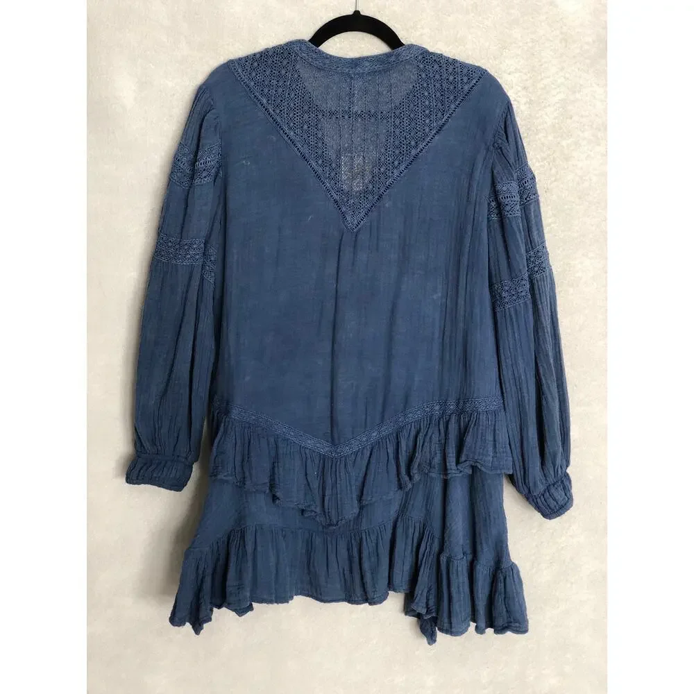 Free People Big Dipper Mini Dress Ruffle Long Sleeve Blue Women's Medium NEW